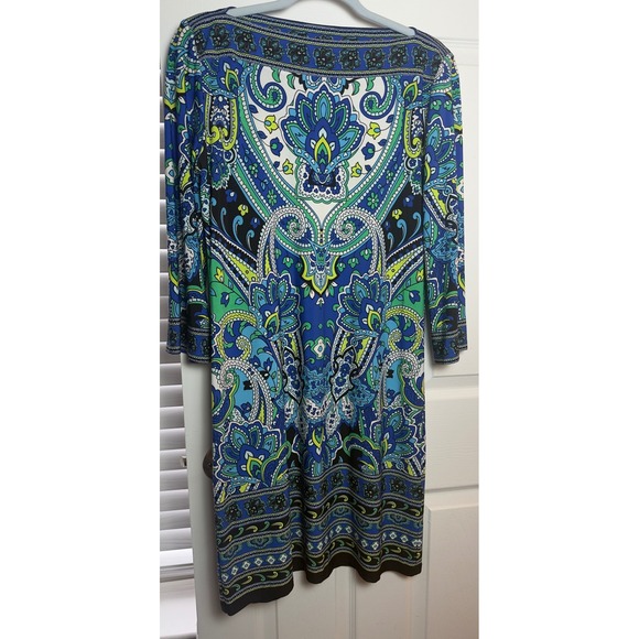 Sandra Darren Women Blue Green Paisley Print Boat Neck 3/4 Sleeve Sheath Dress 6 - Picture 4 of 5